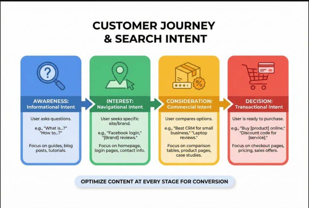 توضح هذه الصورة مفهوم رحلة العميل (Customer Journey) وعلاقتها بـ نية البحث (Search Intent). الهدف منها هو مساعدتك على فهم ما يفكر فيه المستخدم في كل مرحلة من مراحل الشراء، لكي تقدم له المحتوى المناسب